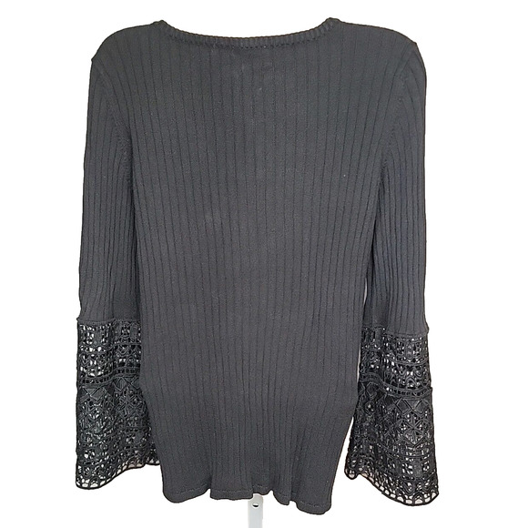 TRIBAL JEANS Black Crochet Embellished Sleeves Pullover Sweater Size G/L - Picture 8 of 11